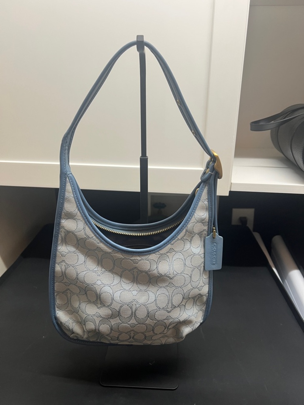 Coach Monogram Shoulder Bag in Light Blue and Cream - Picture 2 of 7